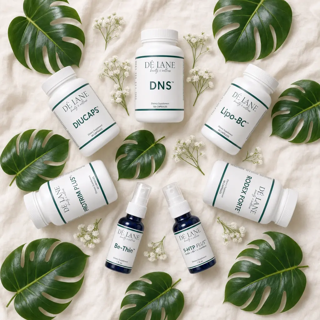 De'Lane wellness supplements arranged with green tropical leaves